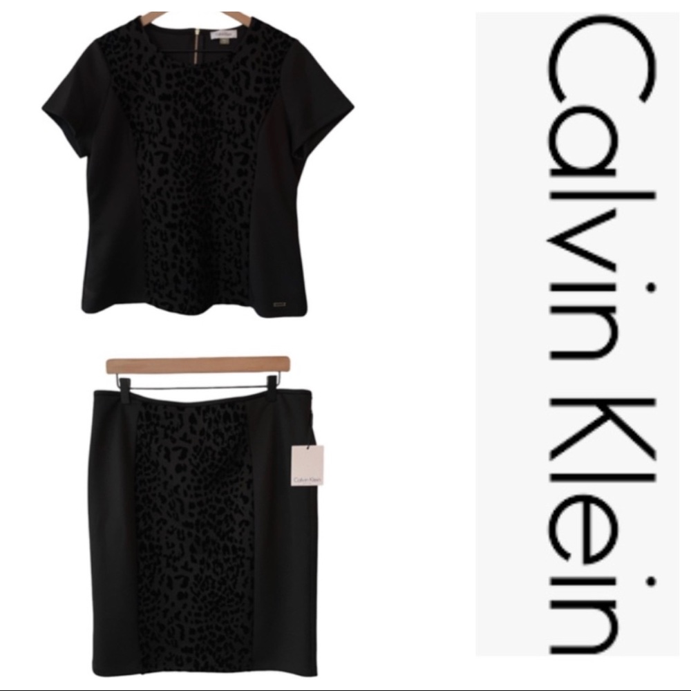 Brand New! Calvin Klein Black Animal Print Skirt Set Sizes 14P skirt and PXL top